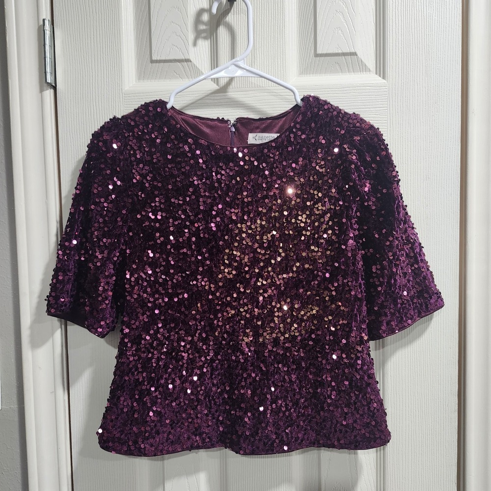 Nanette Nanette Lepore Sequin Velvet Top Burgundy Short Sleeve Party Blouse M‎